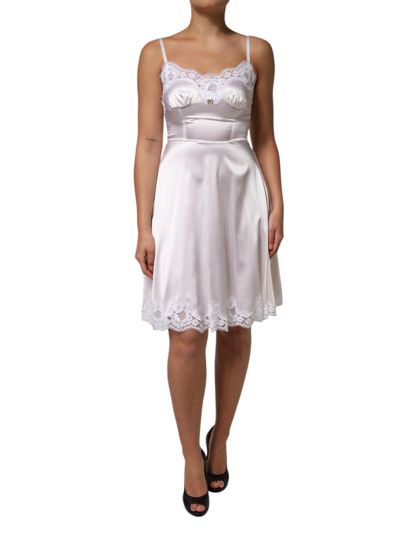 Dolce & Gabbana White Lace Gold DG Logo Silk Dress Sleepwear
