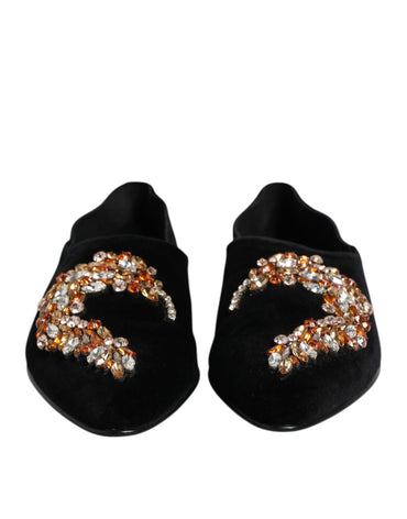 Dolce & Gabbana Black Velvet Embellished Loafer Slip On Shoes