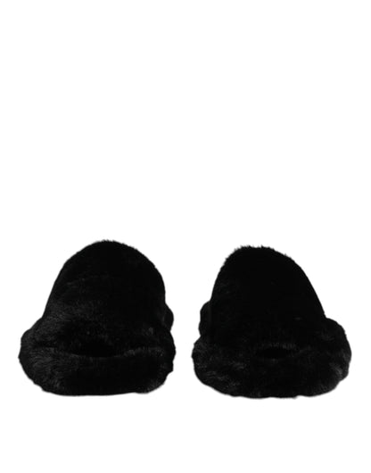 Dolce & Gabbana Black Polyester Velvet Slides Slipper Shoes