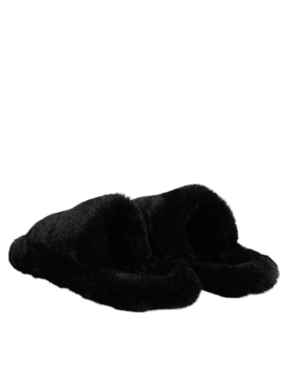 Dolce & Gabbana Black Polyester Velvet Slides Slipper Shoes