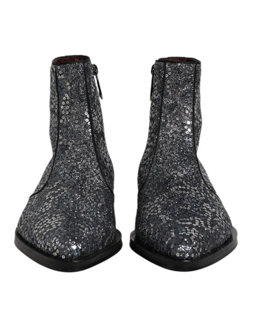 Dolce & Gabbana Dark Gray Cotton Sequined Chelsea Boots Shoes