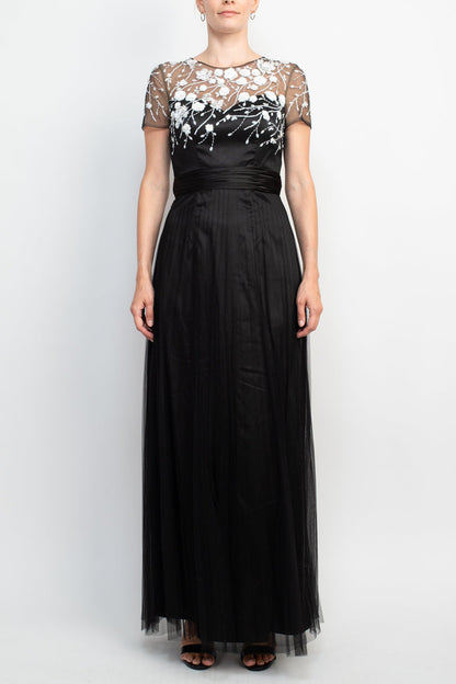 JS Collections Crew Neck Short Sleeve Embellished Mesh Gown