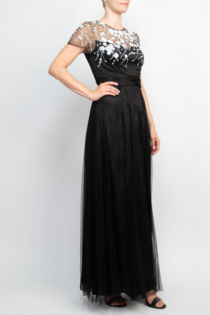 JS Collections Crew Neck Short Sleeve Embellished Mesh Gown
