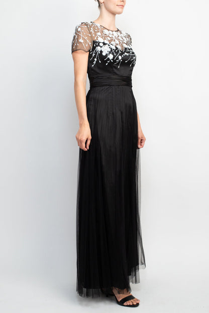 JS Collections Crew Neck Short Sleeve Embellished Mesh Gown