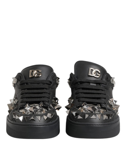 Dolce & Gabbana Black Leather Studded Low Top Sneakers Shoes