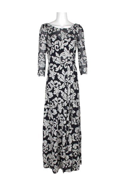 JS Collections Boat Neck 3/4 Sleeve Zipper Back Embroidered Mesh Gown-2