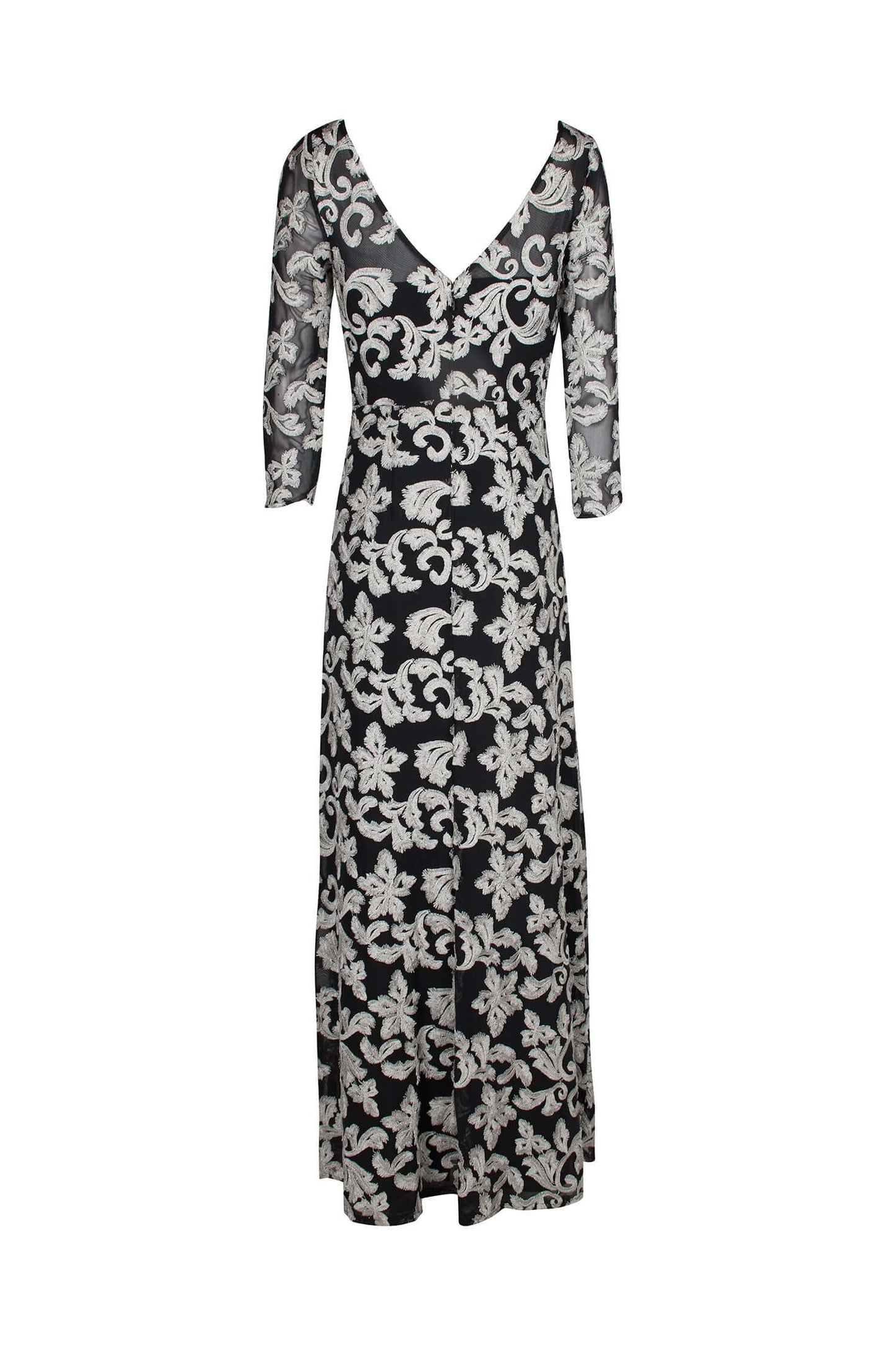 JS Collections Boat Neck 3/4 Sleeve Zipper Back Embroidered Mesh Gown-4