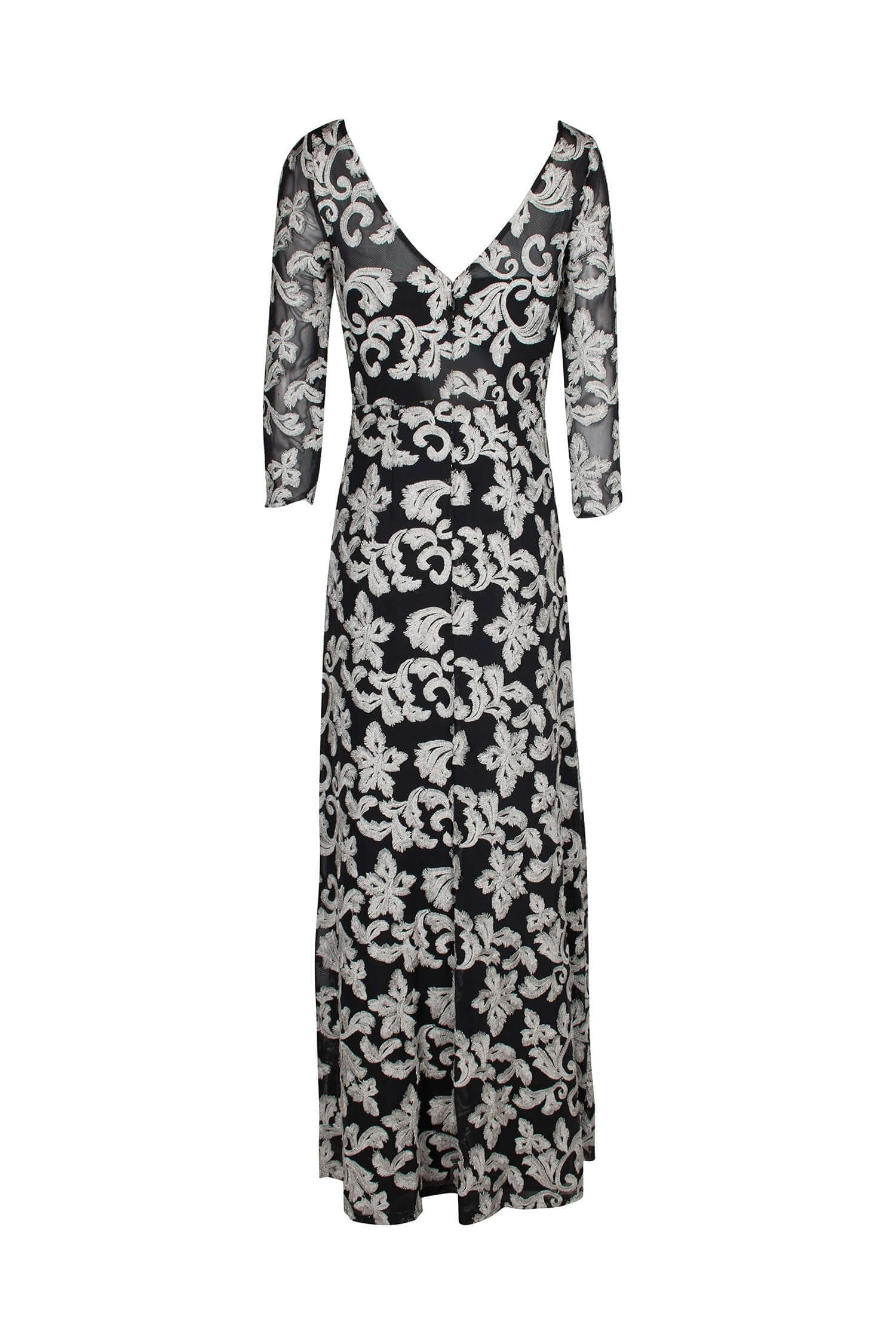 JS Collections Boat Neck 3/4 Sleeve Zipper Back Embroidered Mesh Gown-4