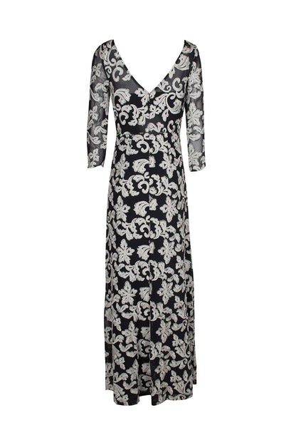 JS Collections Boat Neck 3/4 Sleeve Zipper Back Embroidered Mesh Gown-4