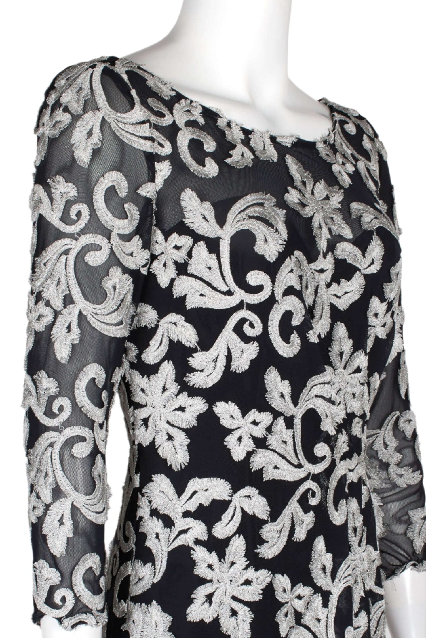 JS Collections Boat Neck 3/4 Sleeve Zipper Back Embroidered Mesh Gown-3