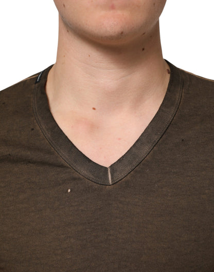 Dolce & Gabbana Dark Brown Cotton Tattered Logo Men T-shirt