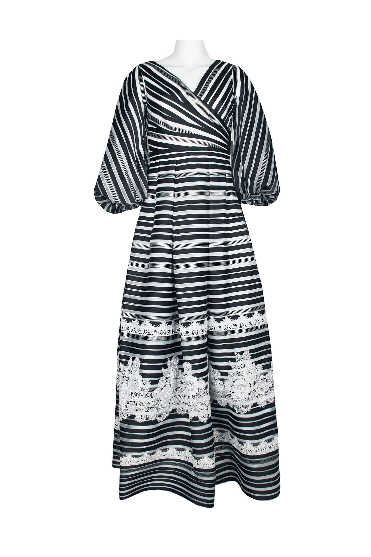 Theia V-Neck 3/4 Sleeve Zipper Back Stripe Print Embellished Organza Gown