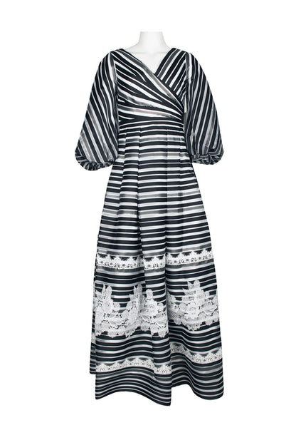 Theia V-Neck 3/4 Sleeve Zipper Back Stripe Print Embellished Organza Gown