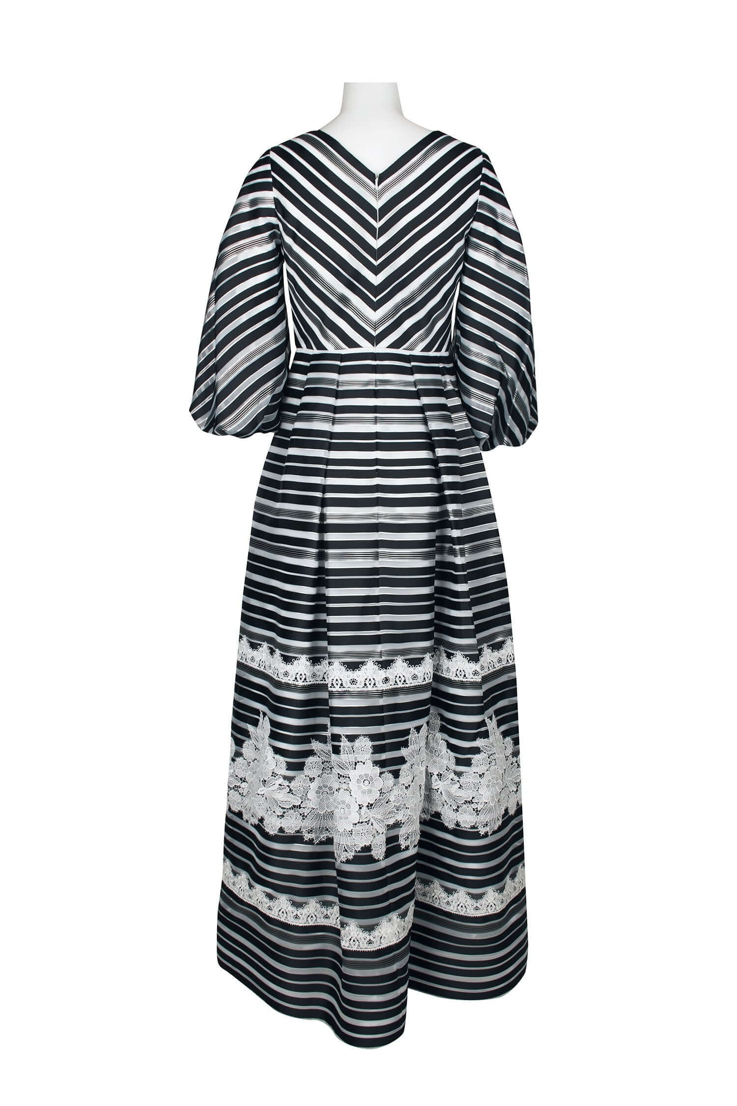 Theia V-Neck 3/4 Sleeve Zipper Back Stripe Print Embellished Organza Gown