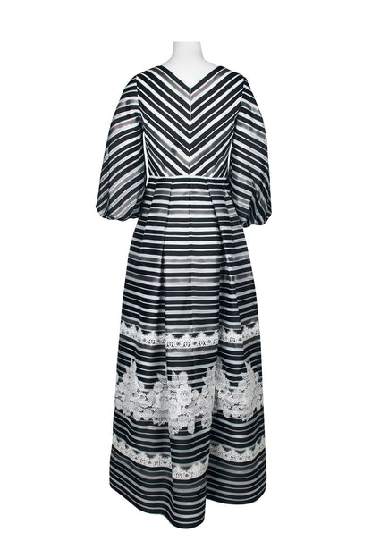 Theia V-Neck 3/4 Sleeve Zipper Back Stripe Print Embellished Organza Gown