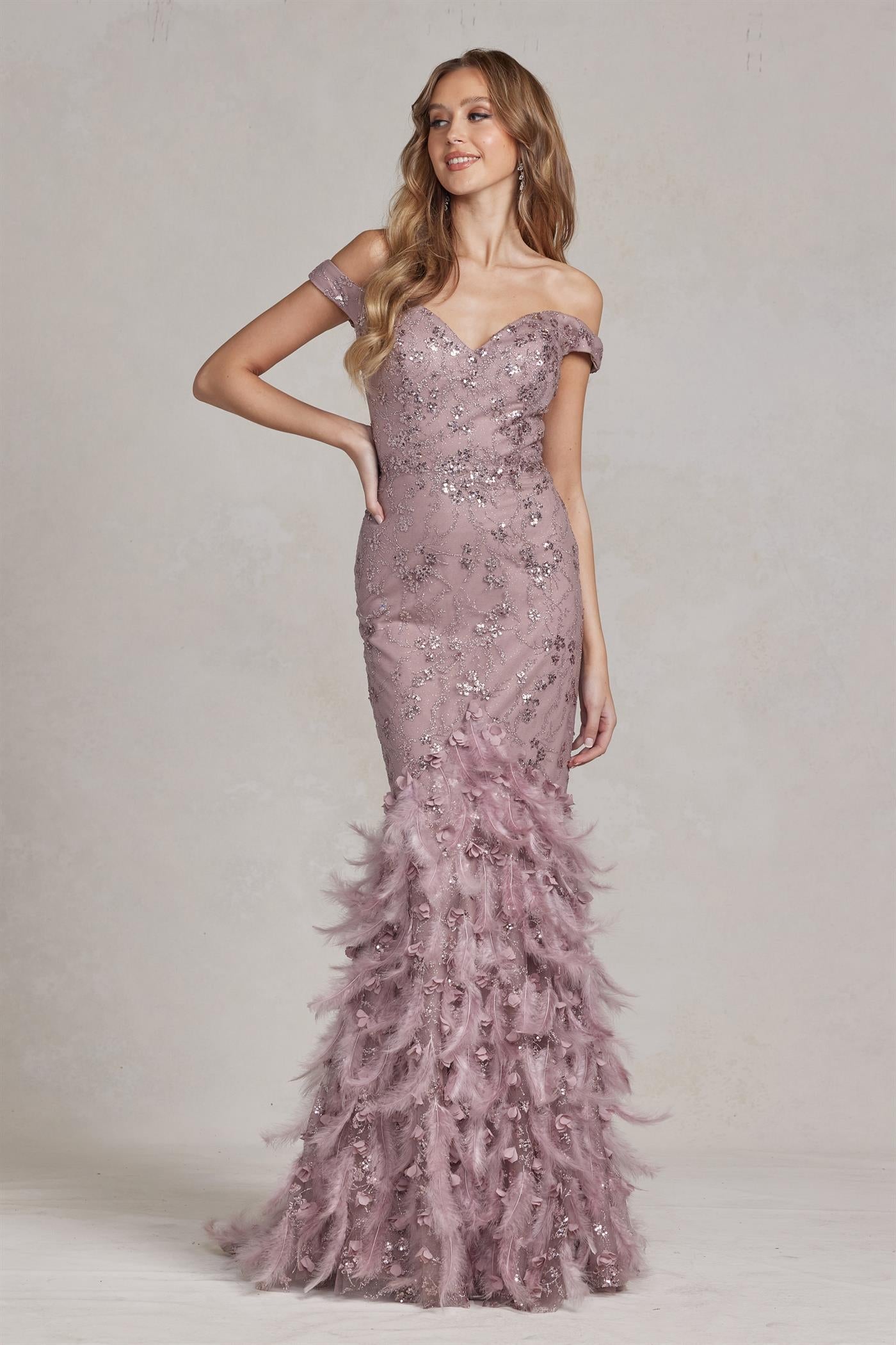 Off The Shoulder Feathers Embellished Long Red Carpet Gown w/ V-Back NXC1106-4