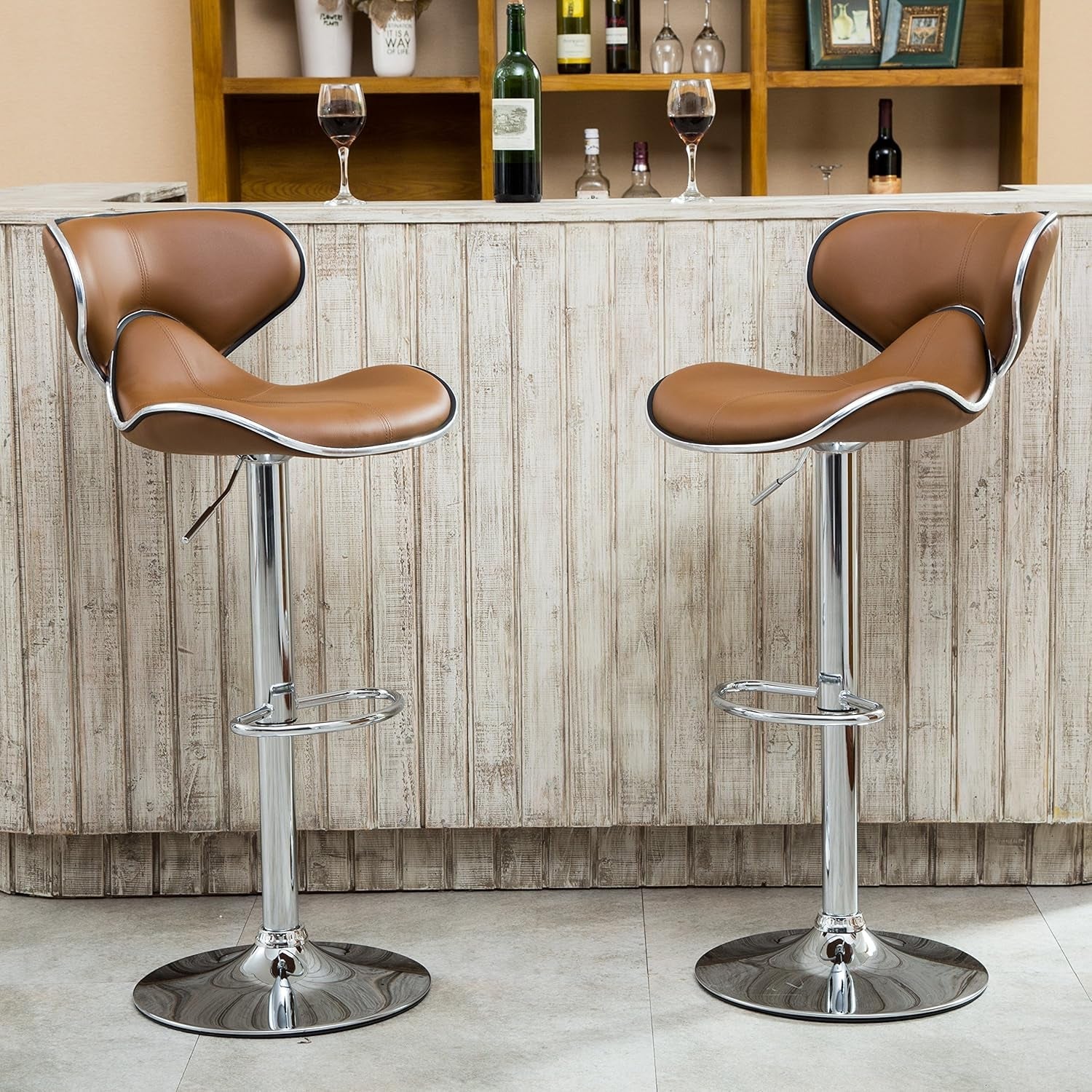 Masaccio Cushioned Leatherette Upholstery Airlift Adjustable Swivel Barstool with Chrome Base, Set of 2, Caramel-0
