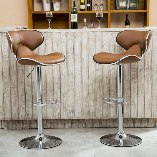 Masaccio Cushioned Leatherette Upholstery Airlift Adjustable Swivel Barstool with Chrome Base, Set of 2, Caramel-0
