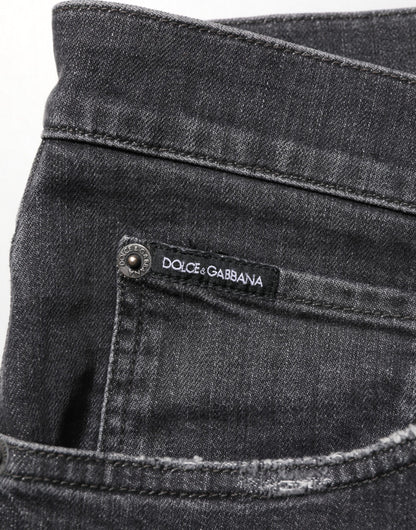 Dolce & Gabbana Black Cotton Slim Fit Distressed Ripped Logo Jeans