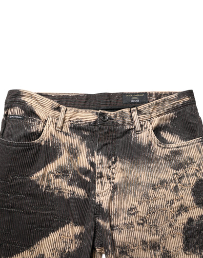 Dolce & Gabbana Beige Black Corduroy Tie-Dye Cotton Blend Pants