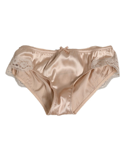 Dolce & Gabbana Beige Silk Satin Floral Lace Panty Brief Underwear