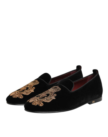 Dolce & Gabbana Black Velvet Gold Crown Mens Loafers Shoes