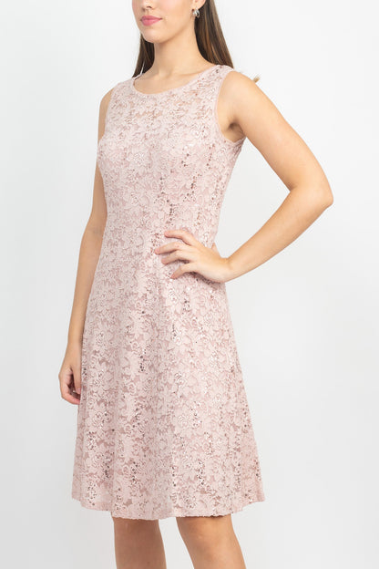 SL Fashion Boat Neck Sleeveless Embellished Fit & Flare Keyhole Back Zipper Back Lace Dress with Open Front Elbow Length Sleeve Cascade Front Chiffon Jacket
