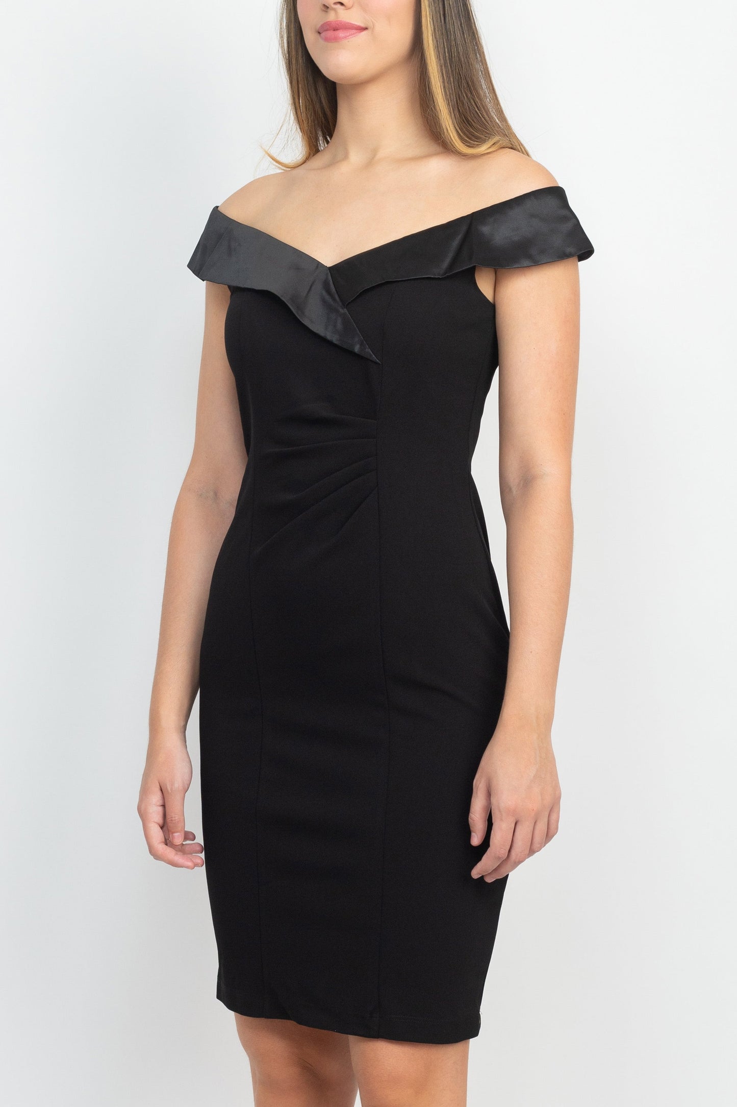 SL Fashion Off Shoulder Sleeveless Bodycon Zipper Back Ruched Bodice Detail Jersey Dress-2