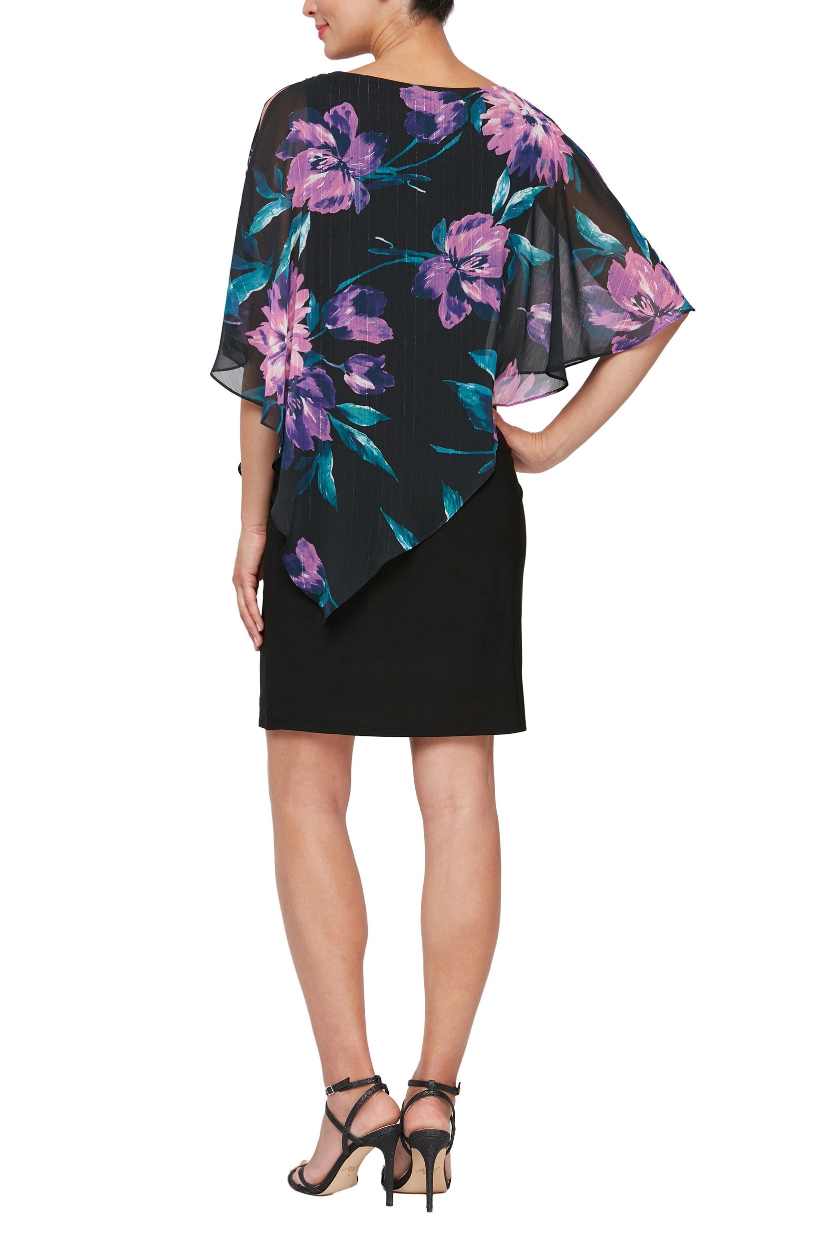 SL Fashion boat neck embellished shoulder asymmetrical multi print chiffon overlay jersey dress