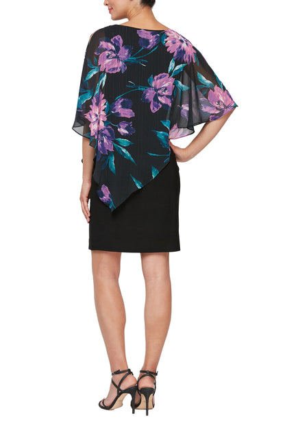 SL Fashion boat neck embellished shoulder asymmetrical multi print chiffon overlay jersey dress