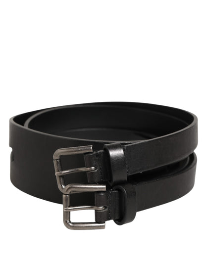 Dolce & Gabbana Black Double Strap Leather Silver Buckle Belt
