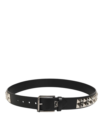 Dolce & Gabbana Black Calf Leather Studded Silver Buckle Belt
