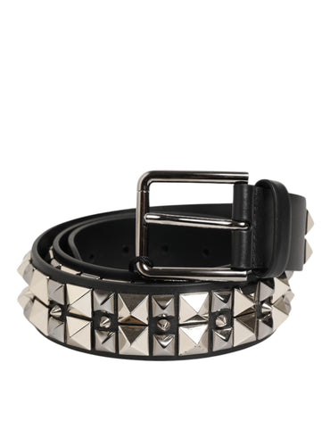 Dolce & Gabbana Black Calf Leather Studded Silver Buckle Belt