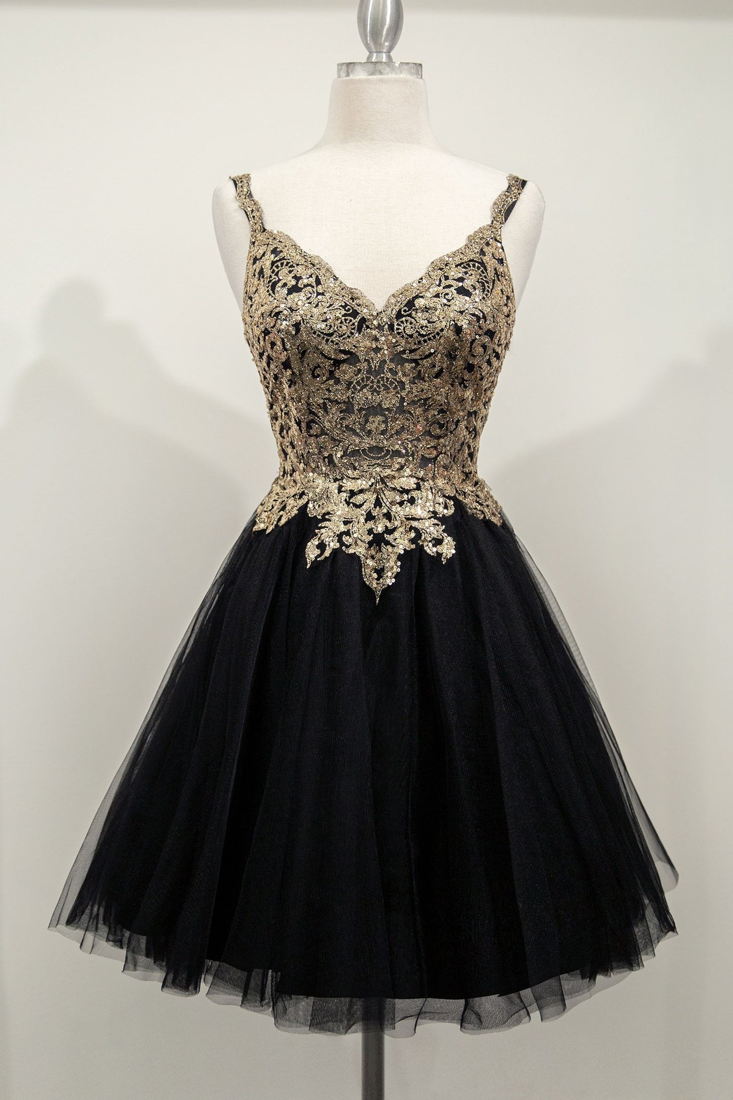 Black Gold, Champagne, Lavender | Sequin Corset Mini Dress with Tulle Skirt & Spaghetti Straps  CD9239-0