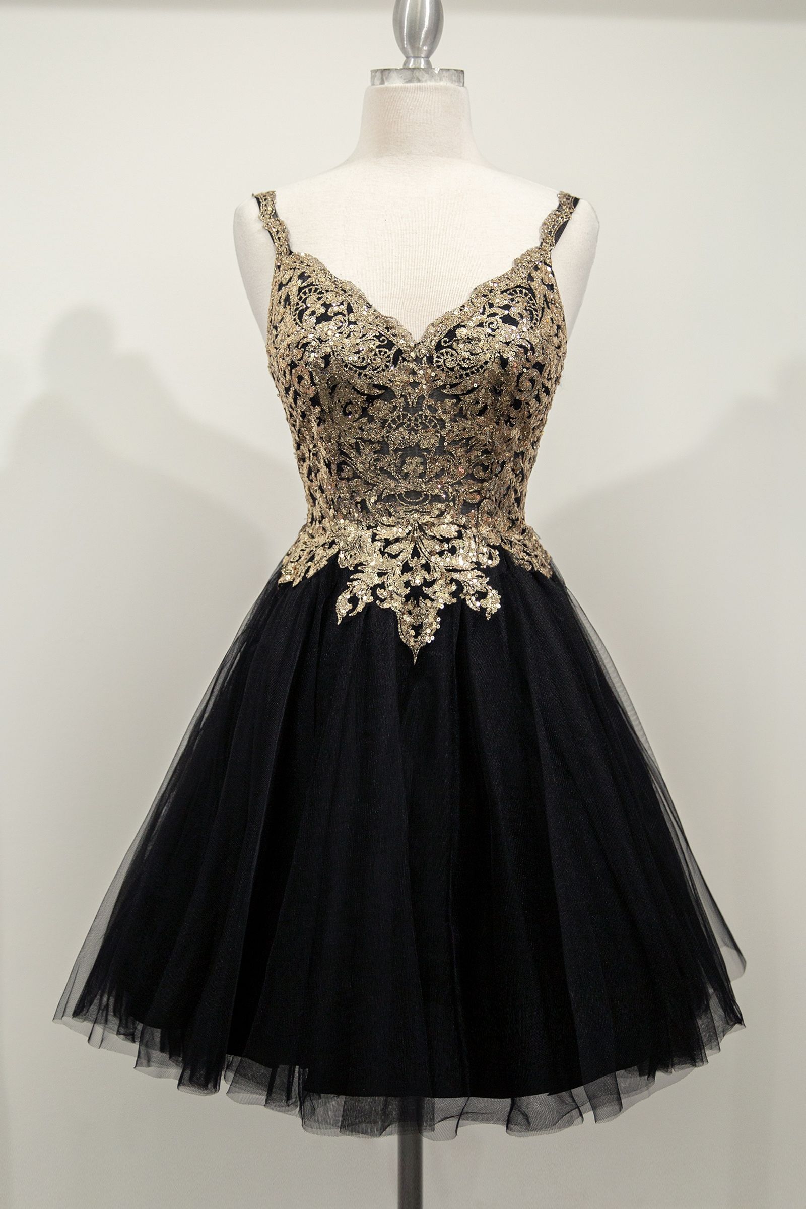 Black Gold, Champagne, Lavender | Sequin Corset Mini Dress with Tulle Skirt & Spaghetti Straps  CD9239-0