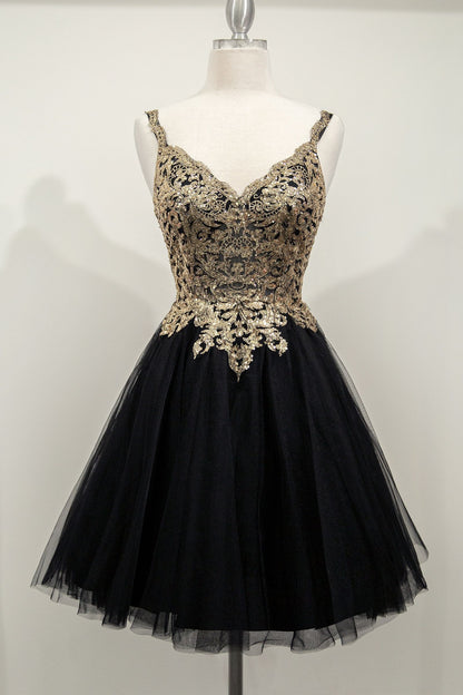 Black Gold, Champagne, Lavender | Sequin Corset Mini Dress with Tulle Skirt & Spaghetti Straps  CD9239-0