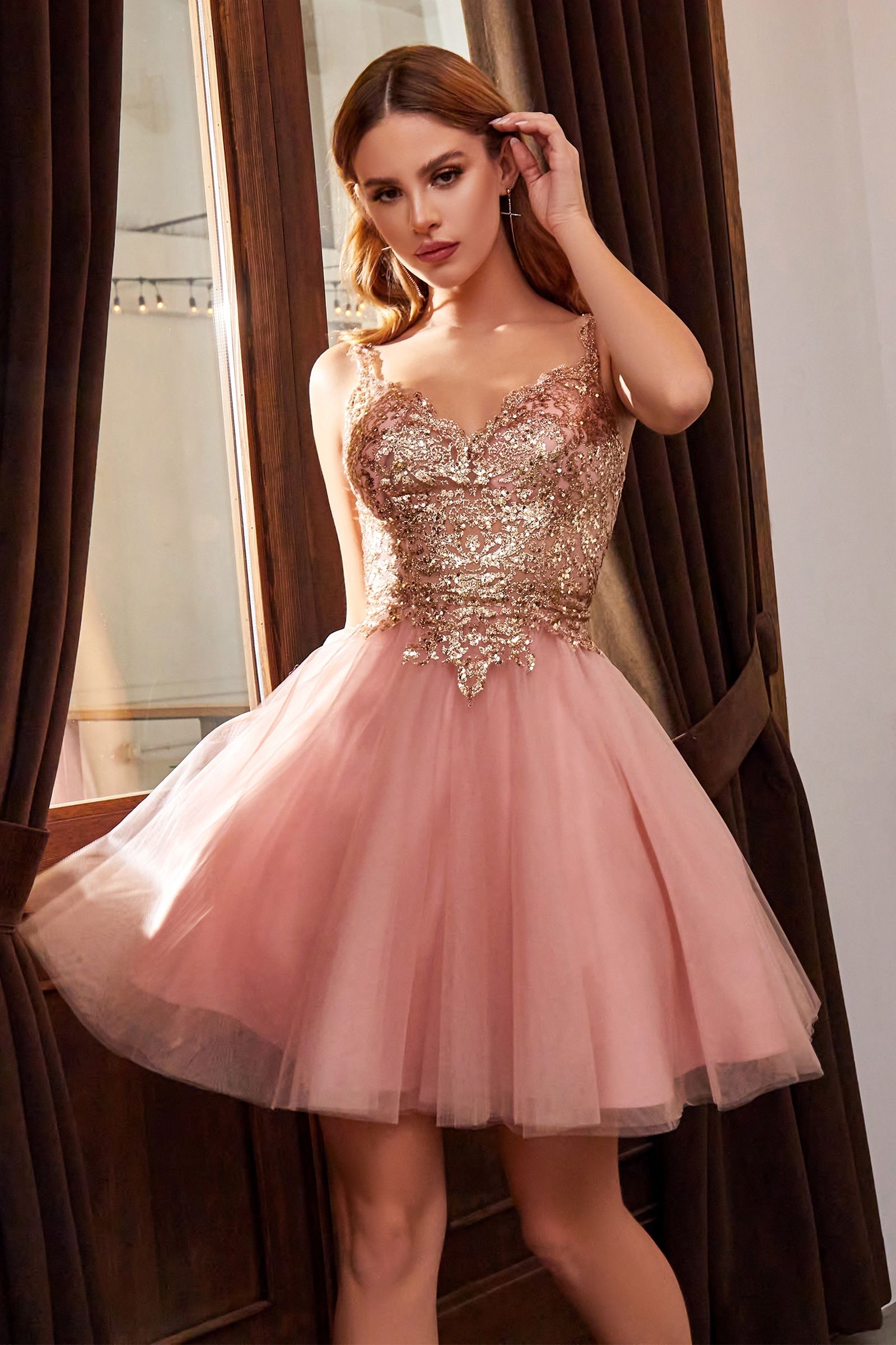 Black Gold, Champagne, Lavender | Sequin Corset Mini Dress with Tulle Skirt & Spaghetti Straps  CD9239-4