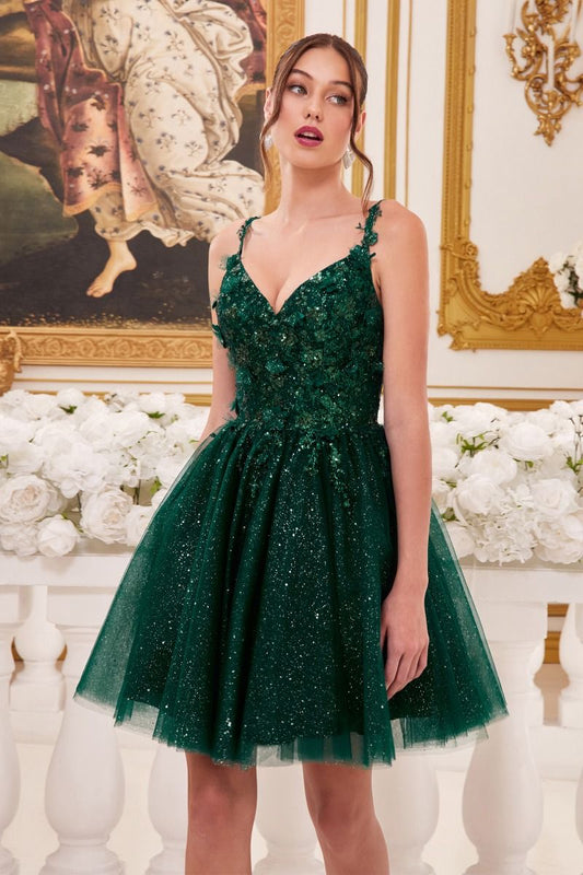 A-Line V-neck Floral Bodice Glittery Layered Short Cocktail & Homecoming Dress CD9245-0