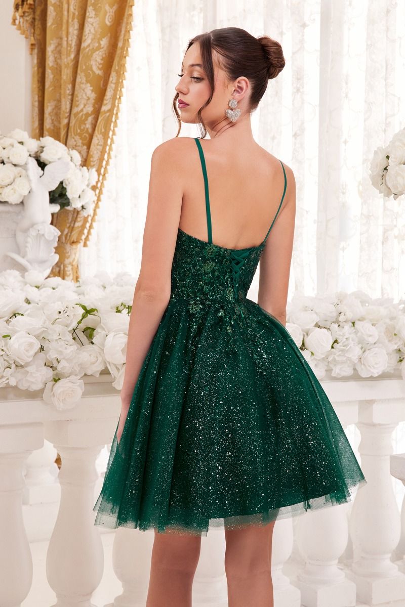 A-Line V-neck Floral Bodice Glittery Layered Short Cocktail & Homecoming Dress CD9245-2