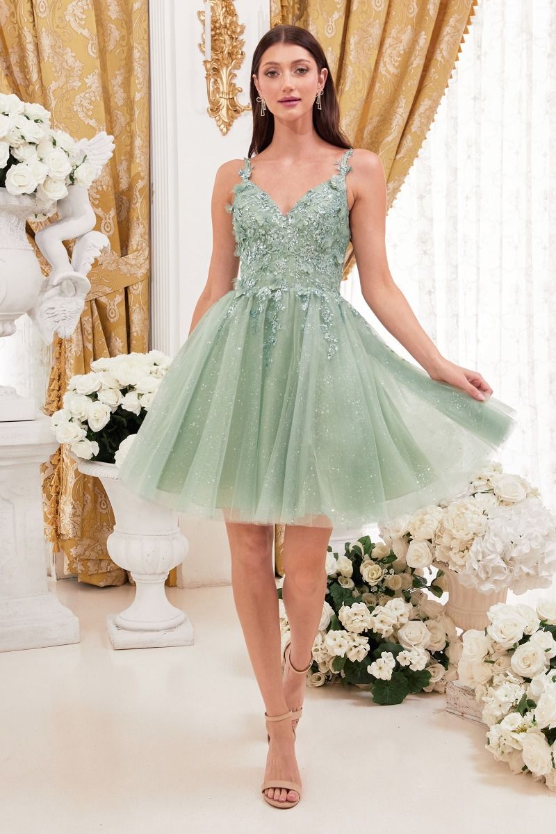A-Line V-neck Floral Bodice Glittery Layered Short Cocktail & Homecoming Dress CD9245-3