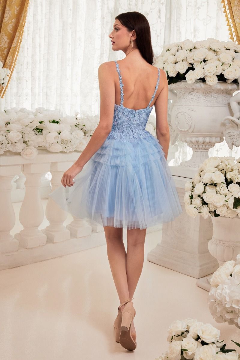 Peach, Baby Blue | Tiered Tulle Mini Dress with Lace Bodice & Spaghetti Straps  CD9310-2