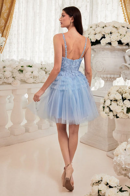 Peach, Baby Blue | Tiered Tulle Mini Dress with Lace Bodice & Spaghetti Straps  CD9310-2