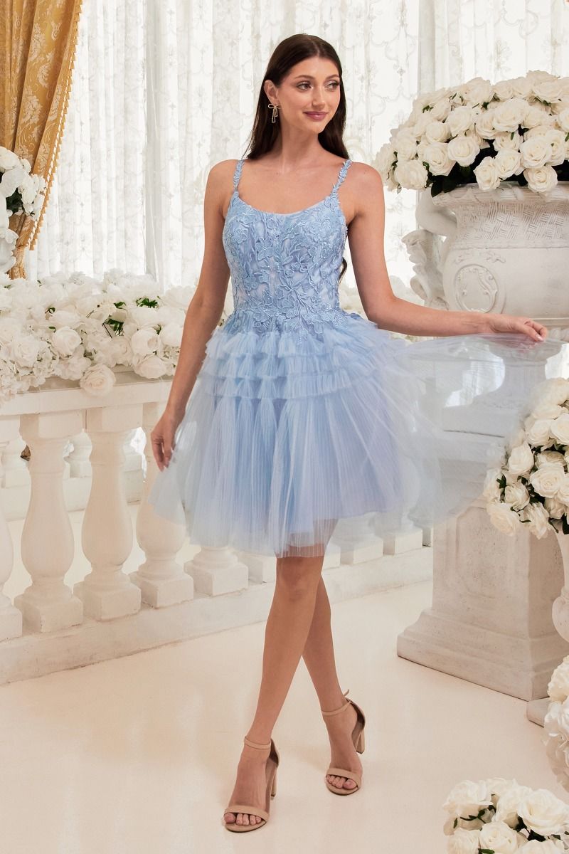 Peach, Baby Blue | Tiered Tulle Mini Dress with Lace Bodice & Spaghetti Straps  CD9310-1