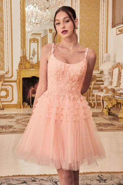 Peach, Baby Blue | Tiered Tulle Mini Dress with Lace Bodice & Spaghetti Straps  CD9310-4