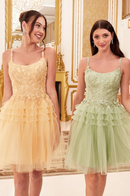 Peach, Baby Blue | Tiered Tulle Mini Dress with Lace Bodice & Spaghetti Straps  CD9310-6