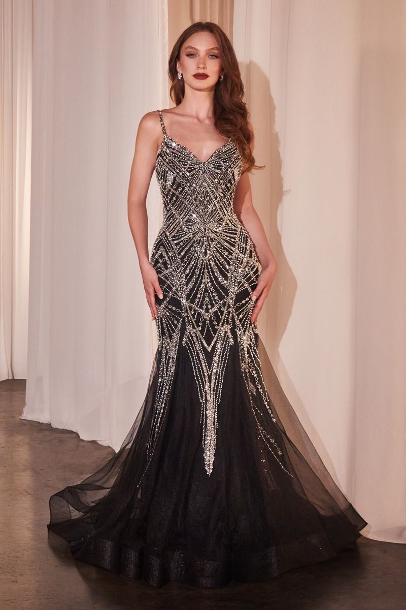 Black Evening Art Deco Beaded Maxi Tulle Gown with Spaghetti Straps & V-Neckline CD9317-3