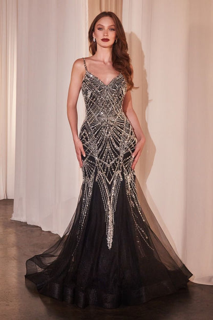 Black Evening Art Deco Beaded Maxi Tulle Gown with Spaghetti Straps & V-Neckline CD9317-3