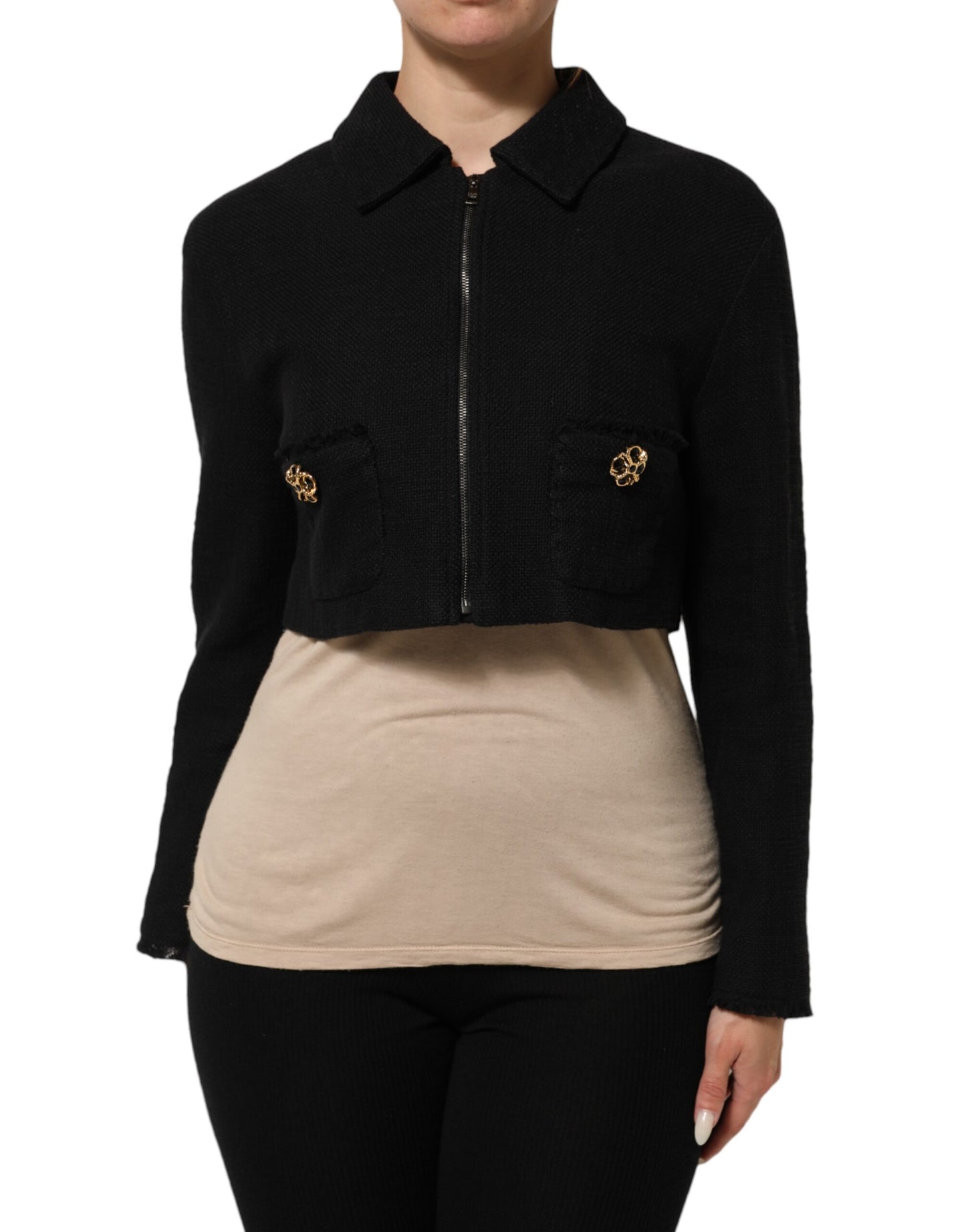 Dolce & Gabbana Black Cotton Full Zip Cropped Coat Jacket