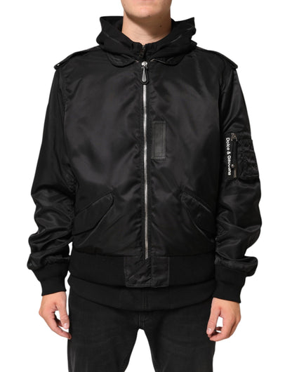 Dolce & Gabbana Black Cotton Hooded Full Zip Bomber Jacket