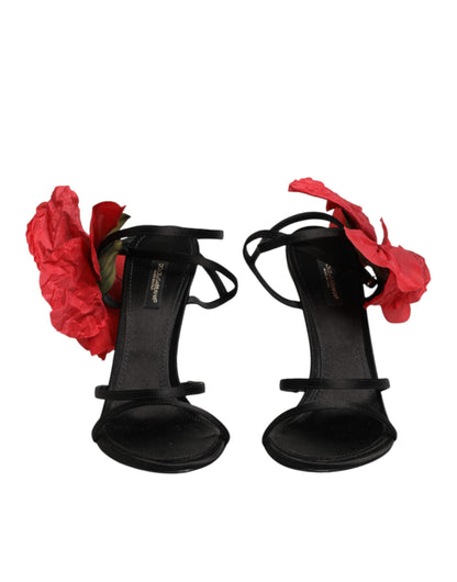 Dolce & Gabbana Black Leather Strappy Flower Heels Sandals  Shoes